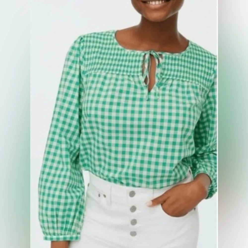 J. Crew green gingham white tie-neck smocked top small blouse preppy shirt